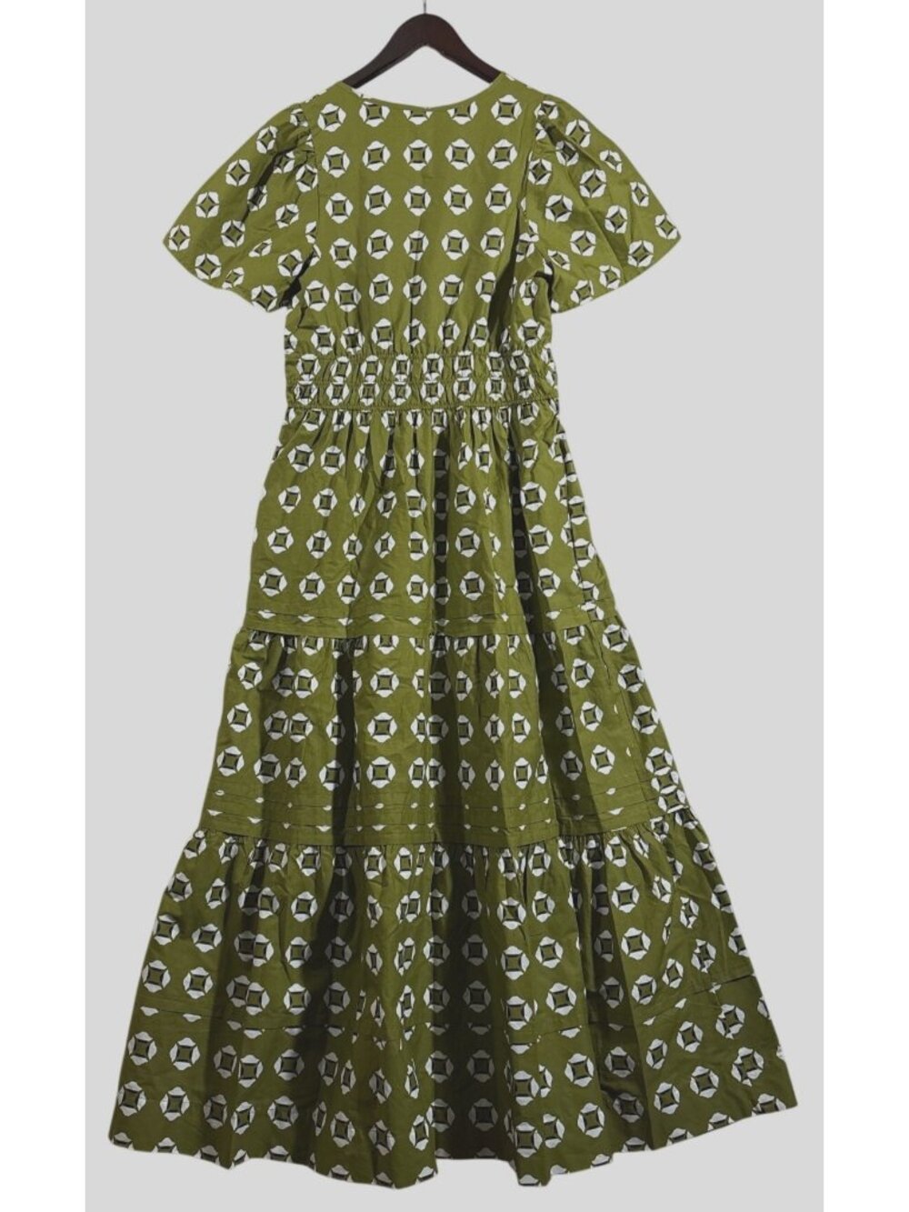Anthropologie Somerset Olive Green Geometric Print Maxi Dress Size S Pockets - Picture 2 of 11